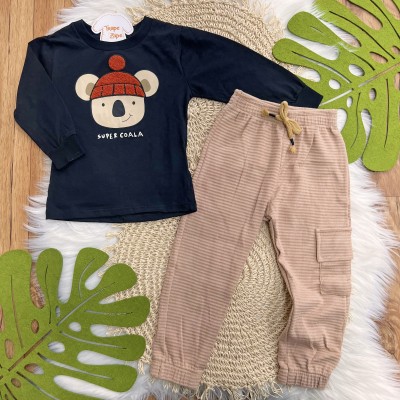 Conj. Camiseta Super Coala e Calça Canelada - Preto e Areia